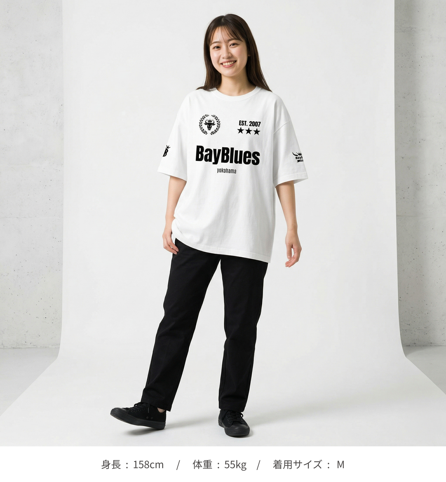【横浜ベイブルース】ユニフォーム風 ユニセックス ビッグシルエット Tシャツ_黒地プリント（DDSTYLE公式）