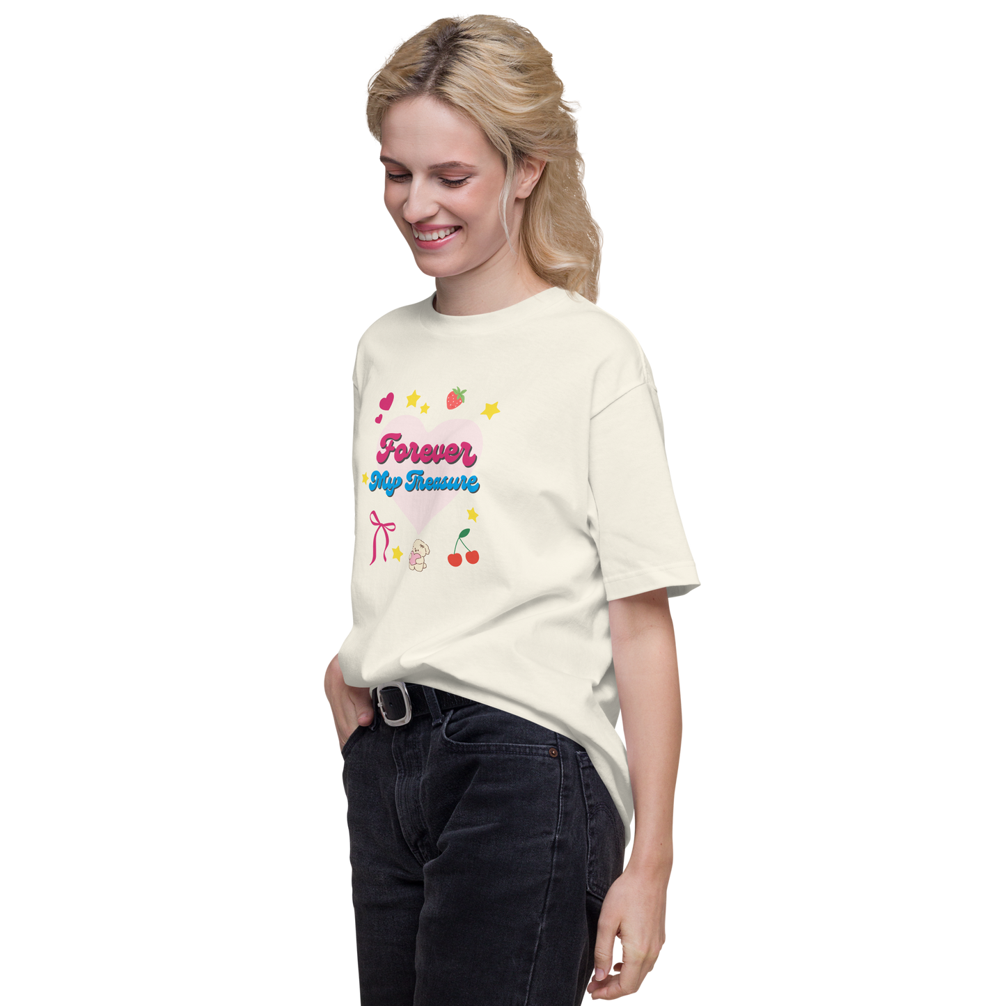 【Heisic】平成レトロ ファンシーTシャツ「ずっと私の宝物」(ピンク/アイボリー)