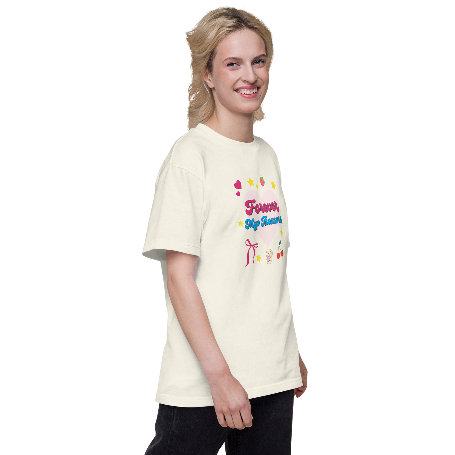 【Heisic】平成レトロ ファンシーTシャツ「ずっと私の宝物」(ピンク/アイボリー)