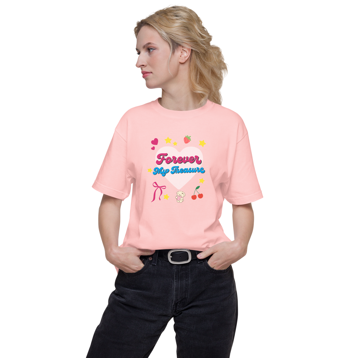 【Heisic】平成レトロ ファンシーTシャツ「ずっと私の宝物」(ピンク/アイボリー)