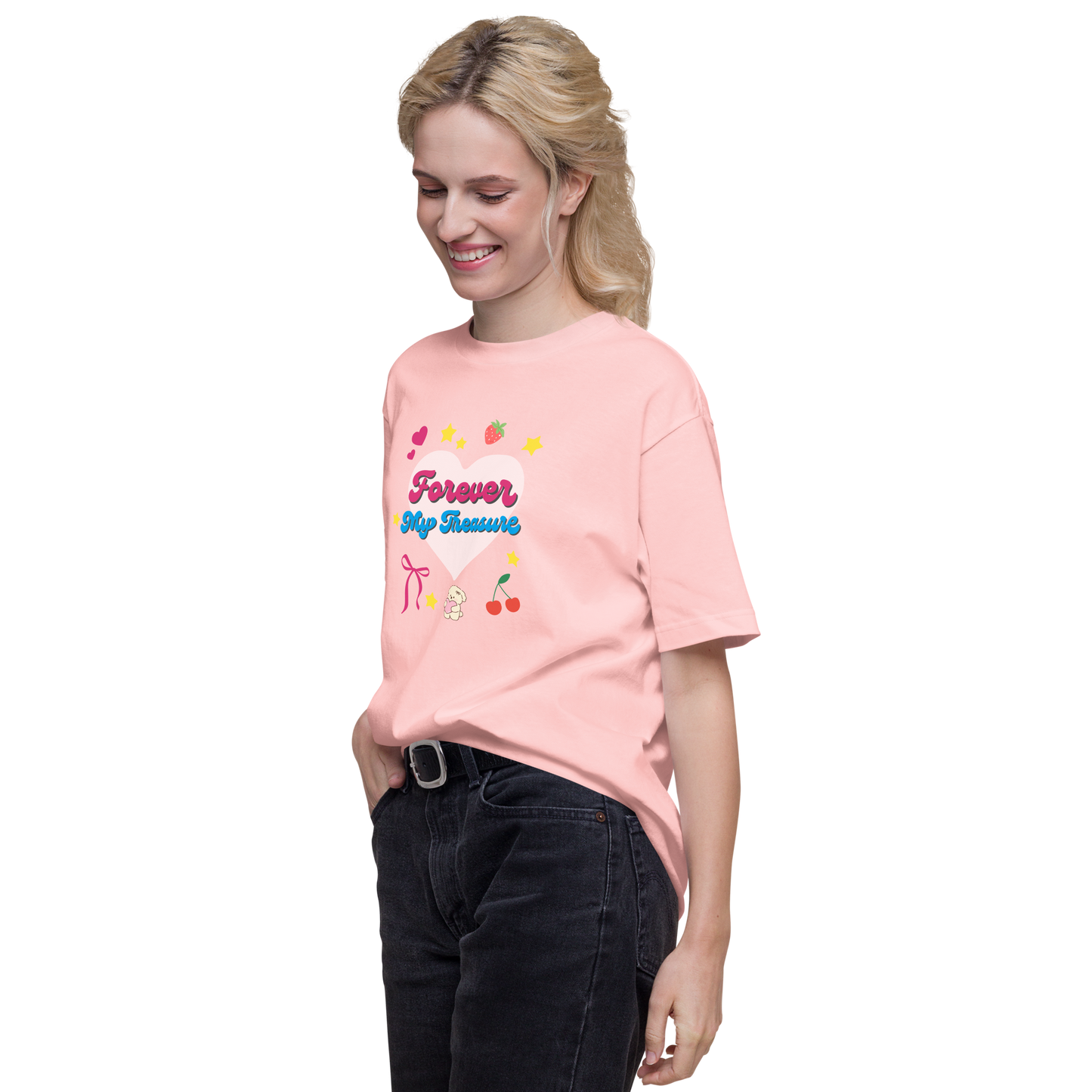 【Heisic】平成レトロ ファンシーTシャツ「ずっと私の宝物」(ピンク/アイボリー)