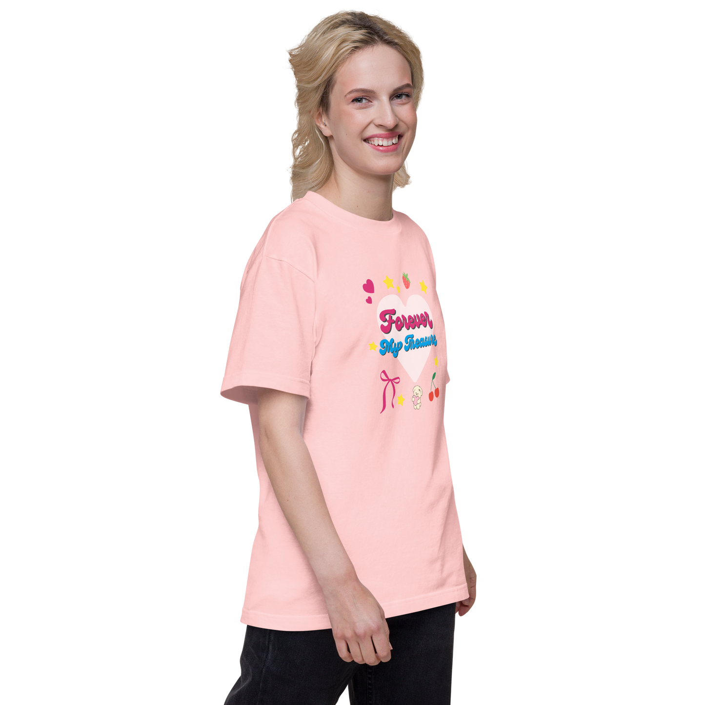 【Heisic】平成レトロ ファンシーTシャツ「ずっと私の宝物」(ピンク/アイボリー)